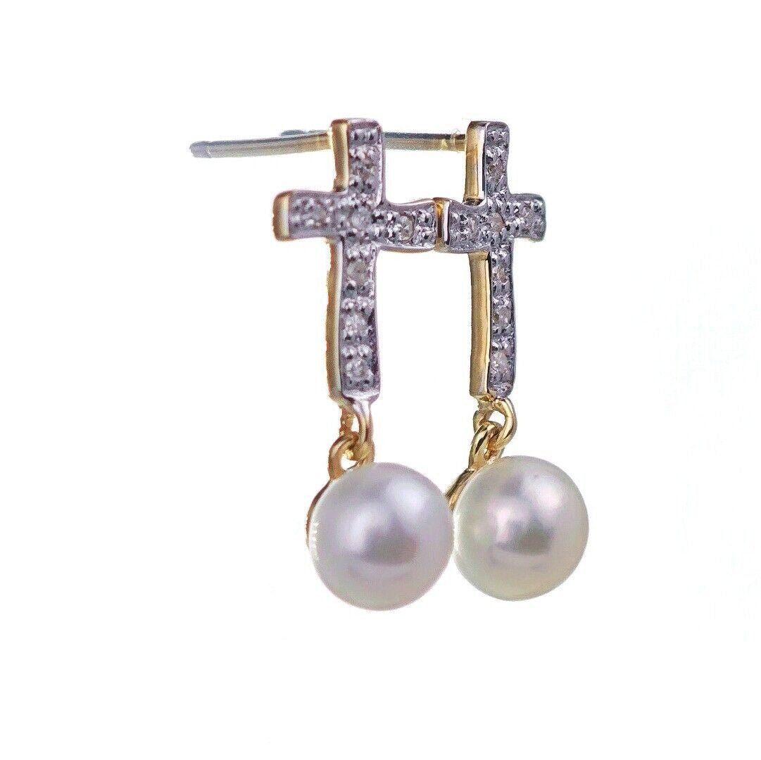 9ct Fresh Water Pearl Diamond Cross Earrings Gold Studs Natural Gemstones