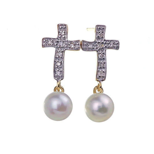 9ct Fresh Water Pearl Diamond Cross Earrings Gold Studs Natural Gemstones