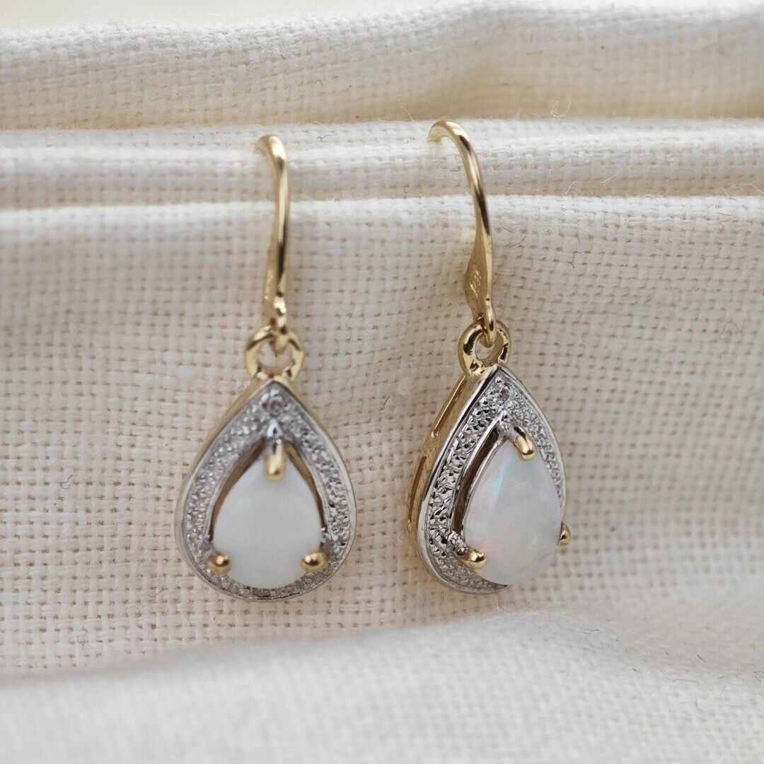 9ct Opal Dangle Earrings Gold Diamond Natural White Pear Gemstones 0.72ct