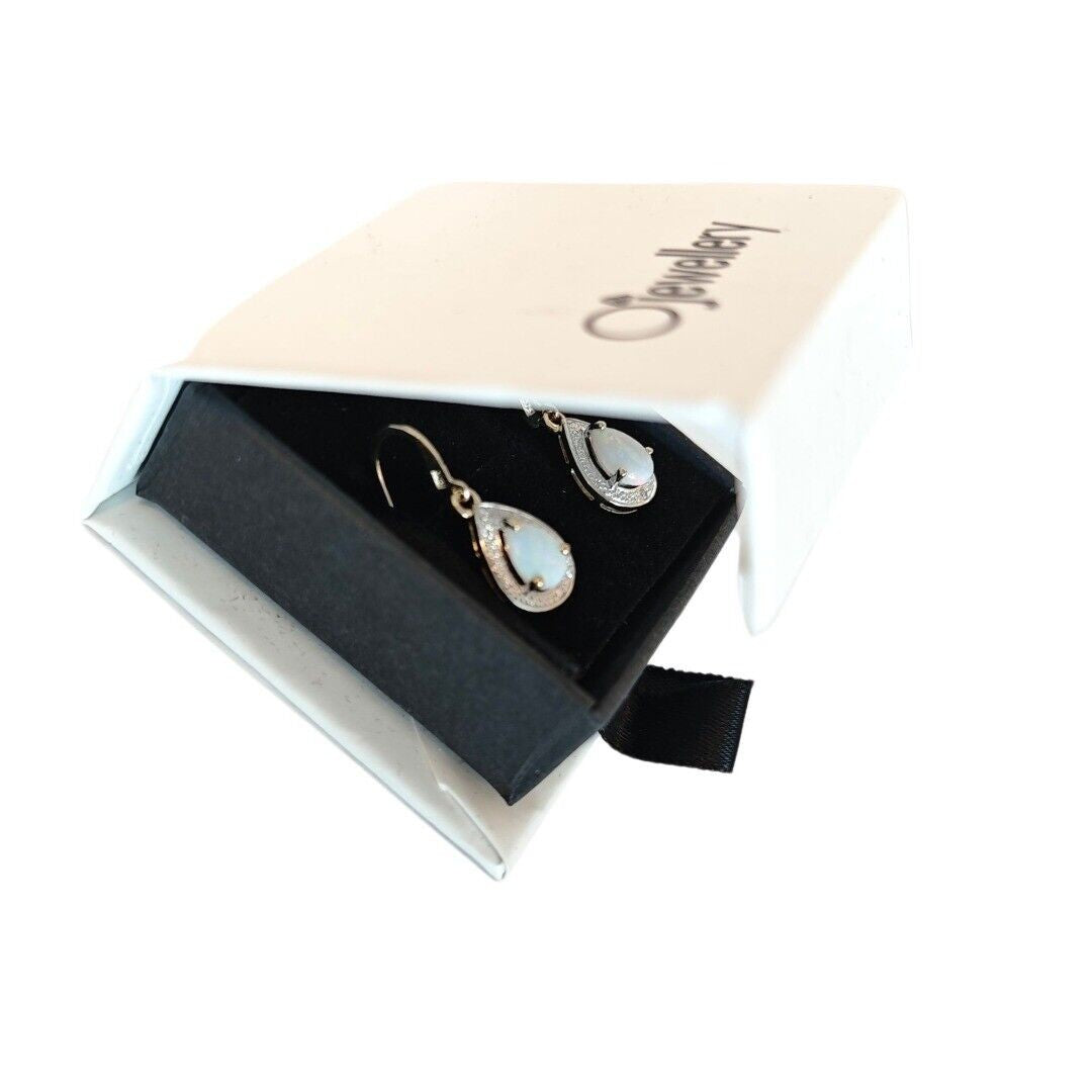 9ct Opal Dangle Earrings Gold Diamond Natural White Pear Gemstones 0.72ct