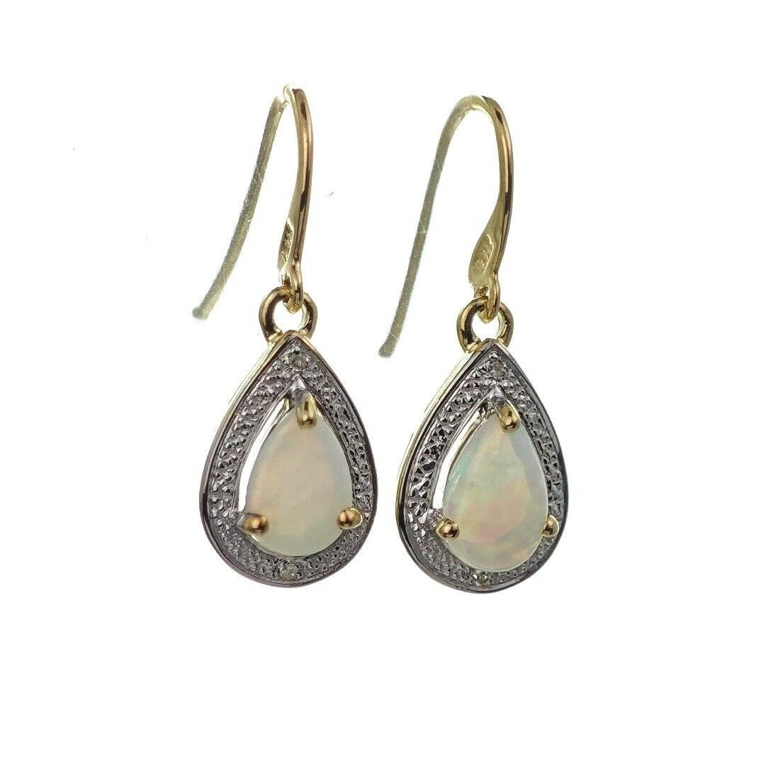 9ct Opal Dangle Earrings Gold Diamond Natural White Pear Gemstones 0.72ct