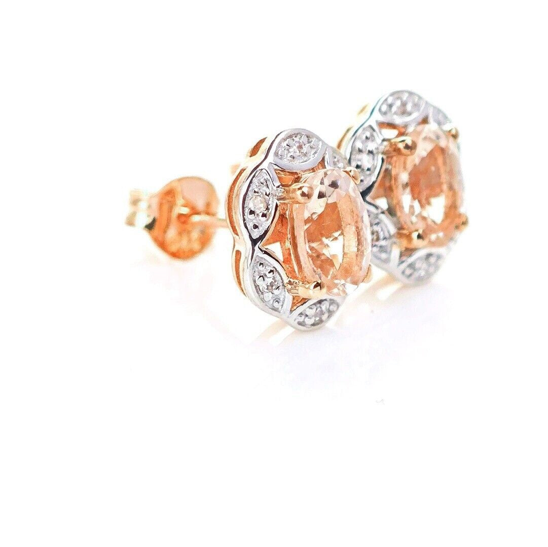 9ct Morganite Diamond Earrings Rose Gold Studs Natural Pink Gemstones 0.81ct