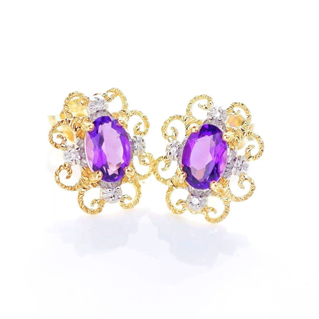 9ct Amethyst Diamond Earrings Gold Studs Natural Purple Gemstones 0.80ct