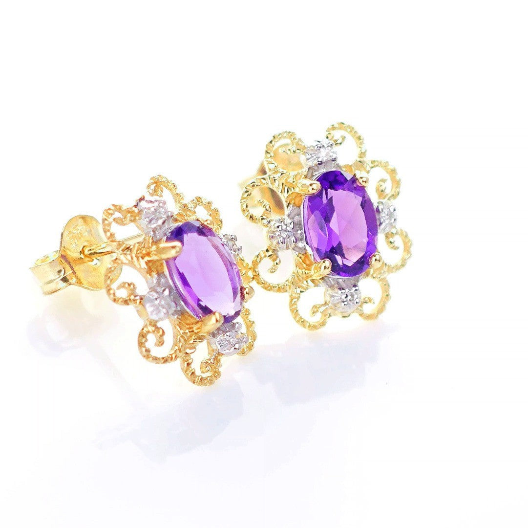 9ct Amethyst Diamond Earrings Gold Studs Natural Purple Gemstones 0.80ct