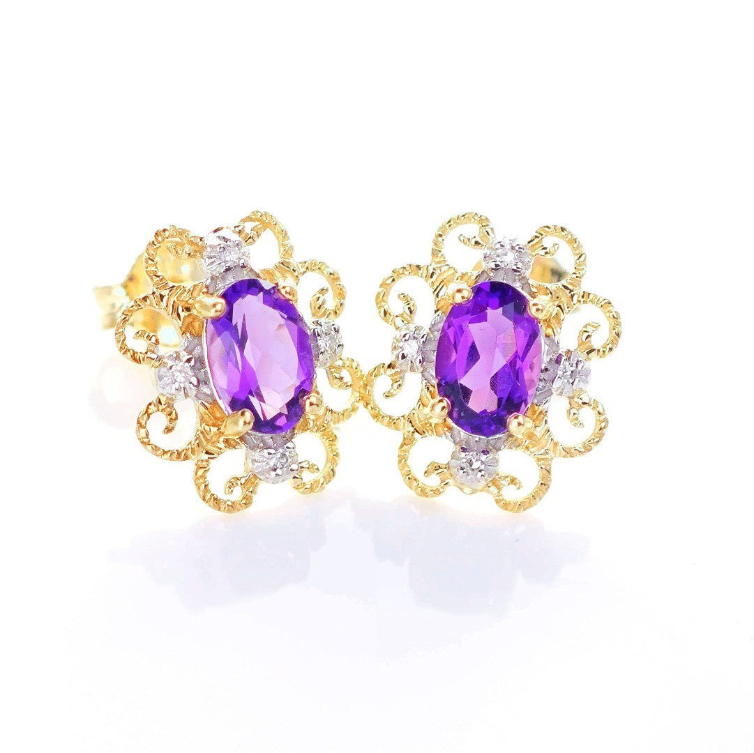 9ct Amethyst Diamond Earrings Gold Studs Natural Purple Gemstones 0.80ct