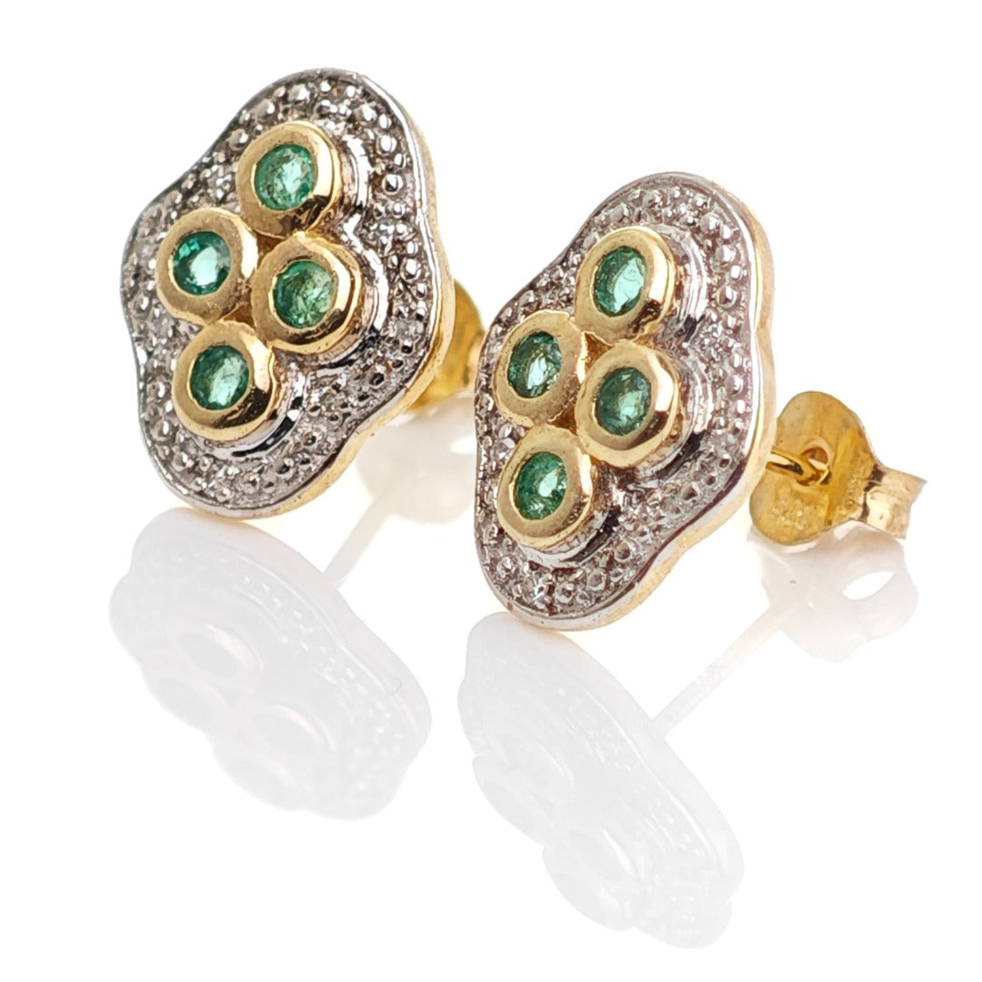 9ct Emerald  Diamond Earrings Gold Studs Natural Gemstones 0.23ct