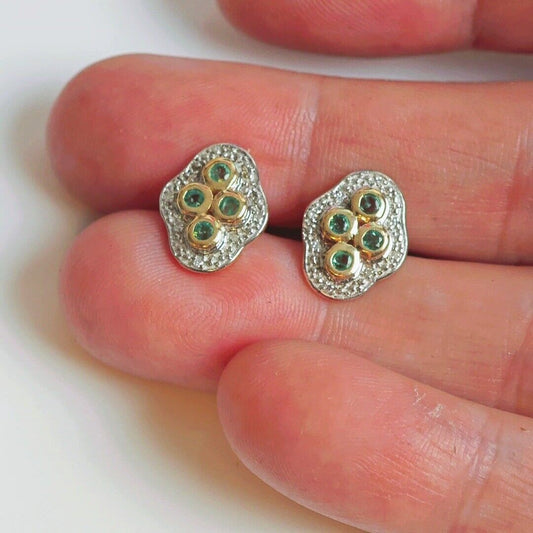 9ct Emerald  Diamond Earrings Gold Studs Natural Gemstones 0.23ct