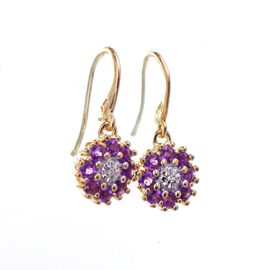 9ct Amethyst Diamond Earrings Gold Dangle Natural Gemstones 0.52ct