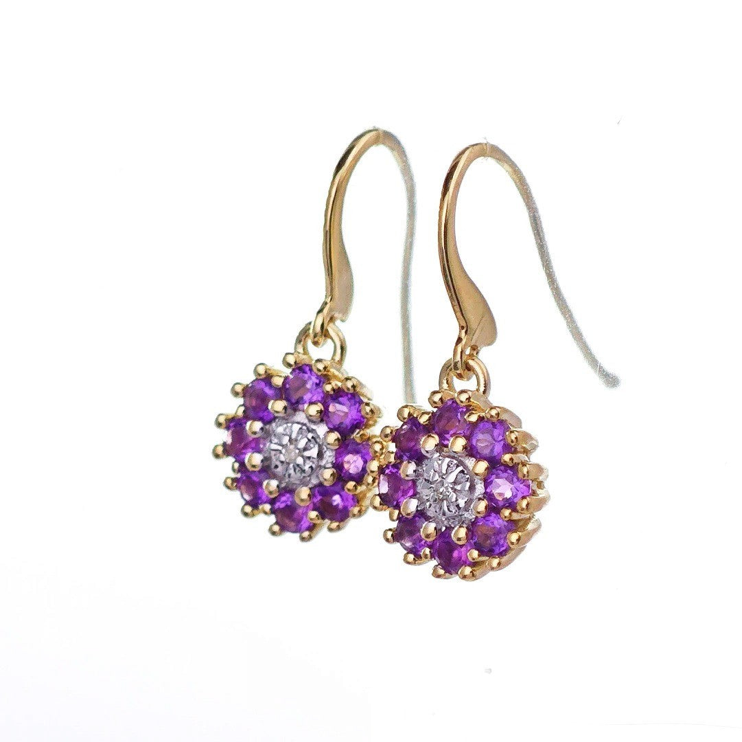 9ct Amethyst Diamond Earrings Gold Dangle Natural Gemstones 0.52ct