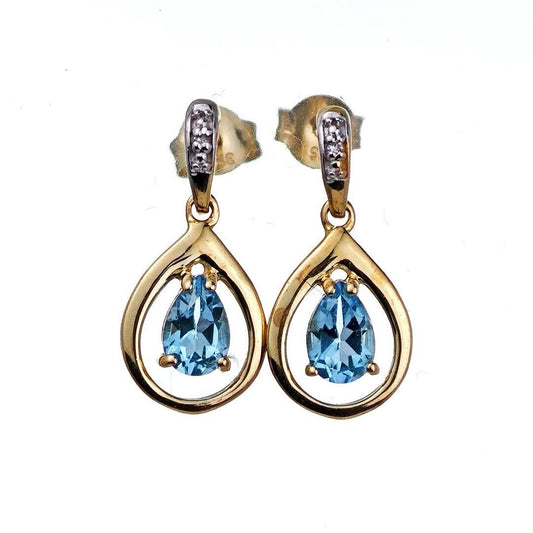 9ct Topaz Diamond Dangle Earrings Gold Natural Treated Swiss Blue Gemstones 0.93ct