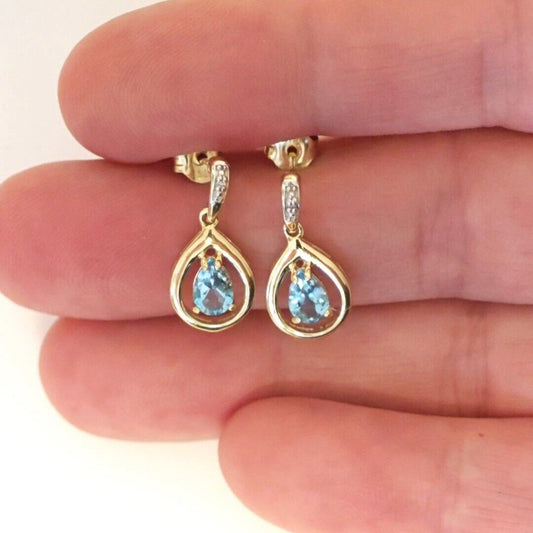 9ct Topaz Diamond Dangle Earrings Gold Natural Treated Swiss Blue Gemstones 0.93ct