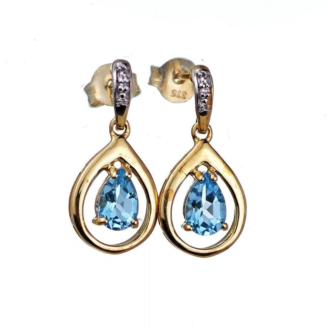 9ct Topaz Diamond Dangle Earrings Gold Natural Treated Swiss Blue Gemstones 0.93ct