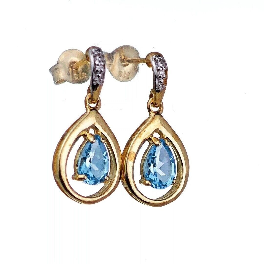9ct Topaz Diamond Dangle Earrings Gold Natural Treated Swiss Blue Gemstones 0.93ct