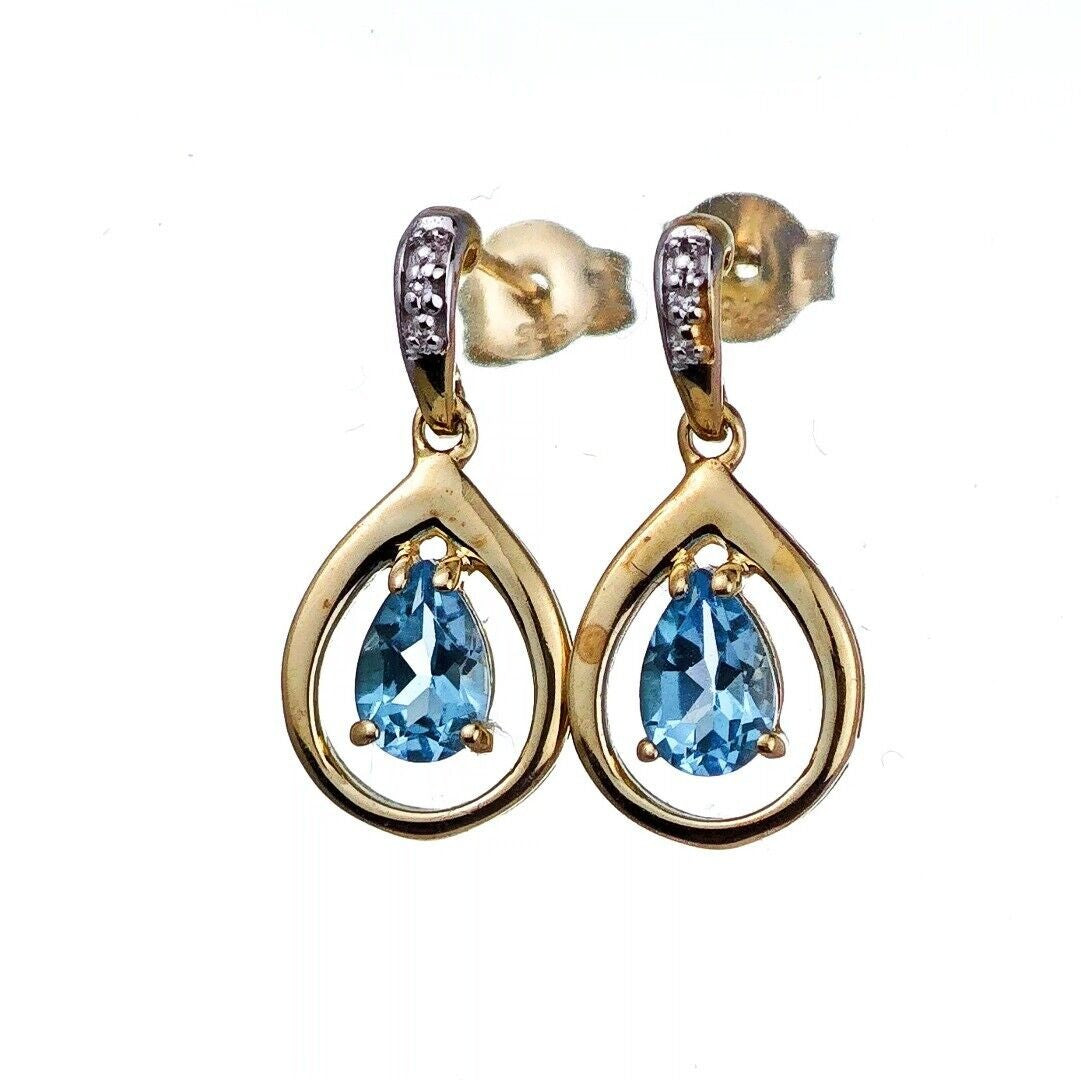 9ct Topaz Diamond Dangle Earrings Gold Natural Treated Swiss Blue Gemstones 0.93ct