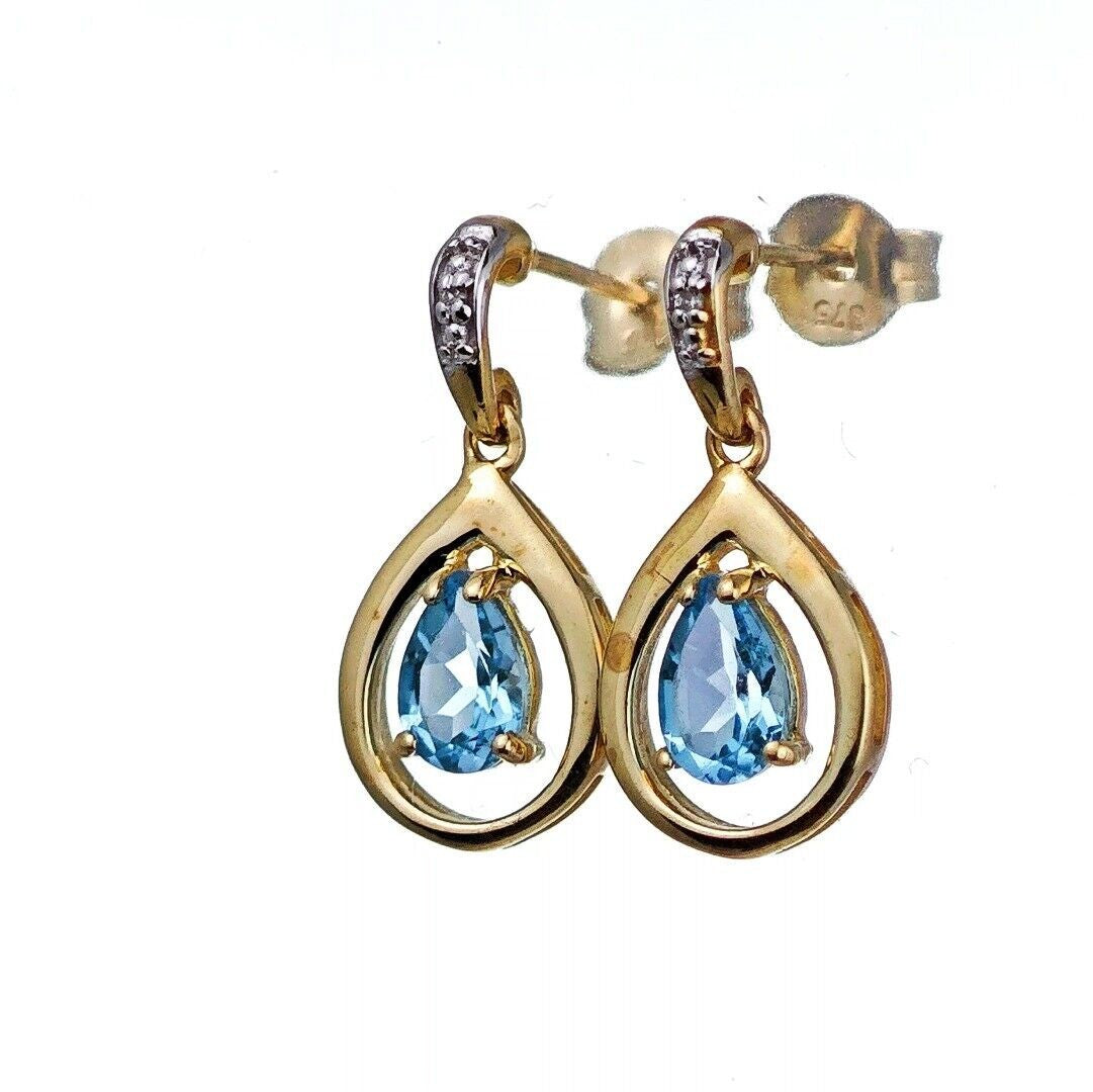 9ct Topaz Diamond Dangle Earrings Gold Natural Treated Swiss Blue Gemstones 0.93ct