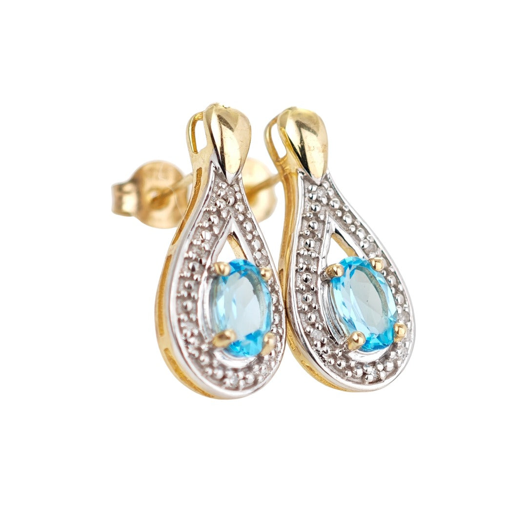 9ct Topaz  Diamond Earrings Gold Studs Natural Swiss Blue Gemstones 0.94ct