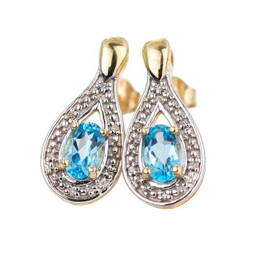 9ct Topaz  Diamond Earrings Gold Studs Natural Swiss Blue Gemstones 0.94ct