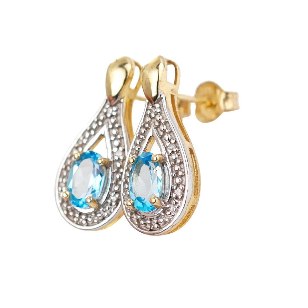 9ct Topaz  Diamond Earrings Gold Studs Natural Swiss Blue Gemstones 0.94ct