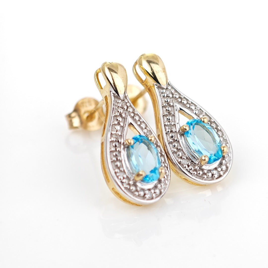 9ct Topaz  Diamond Earrings Gold Studs Natural Swiss Blue Gemstones 0.94ct