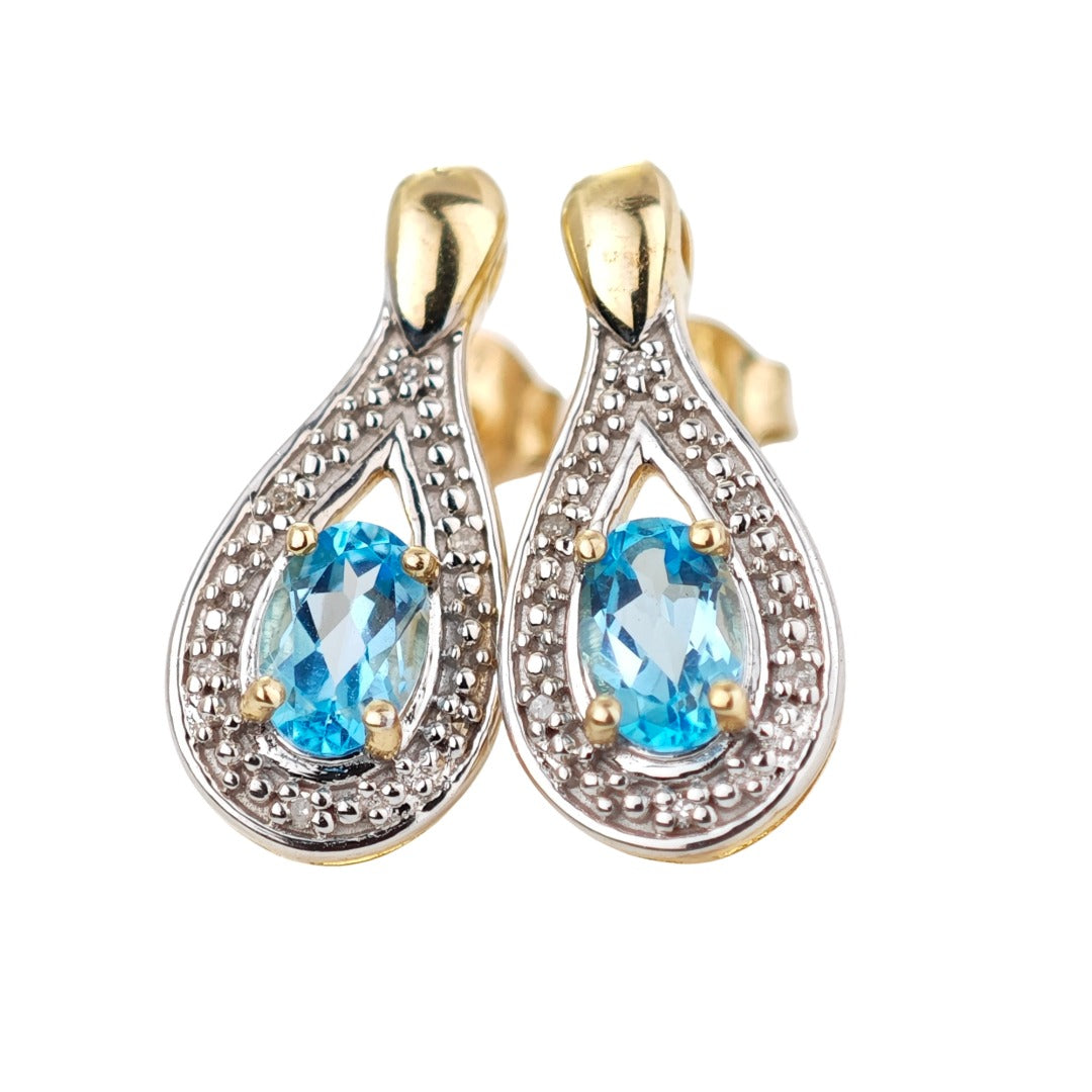 9ct Topaz  Diamond Earrings Gold Studs Natural Swiss Blue Gemstones 0.94ct