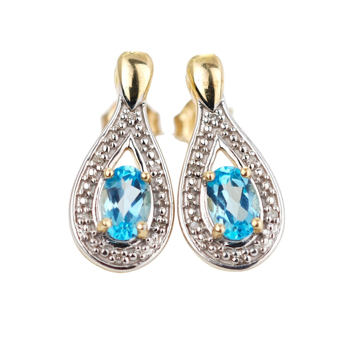 9ct Topaz  Diamond Earrings Gold Studs Natural Swiss Blue Gemstones 0.94ct