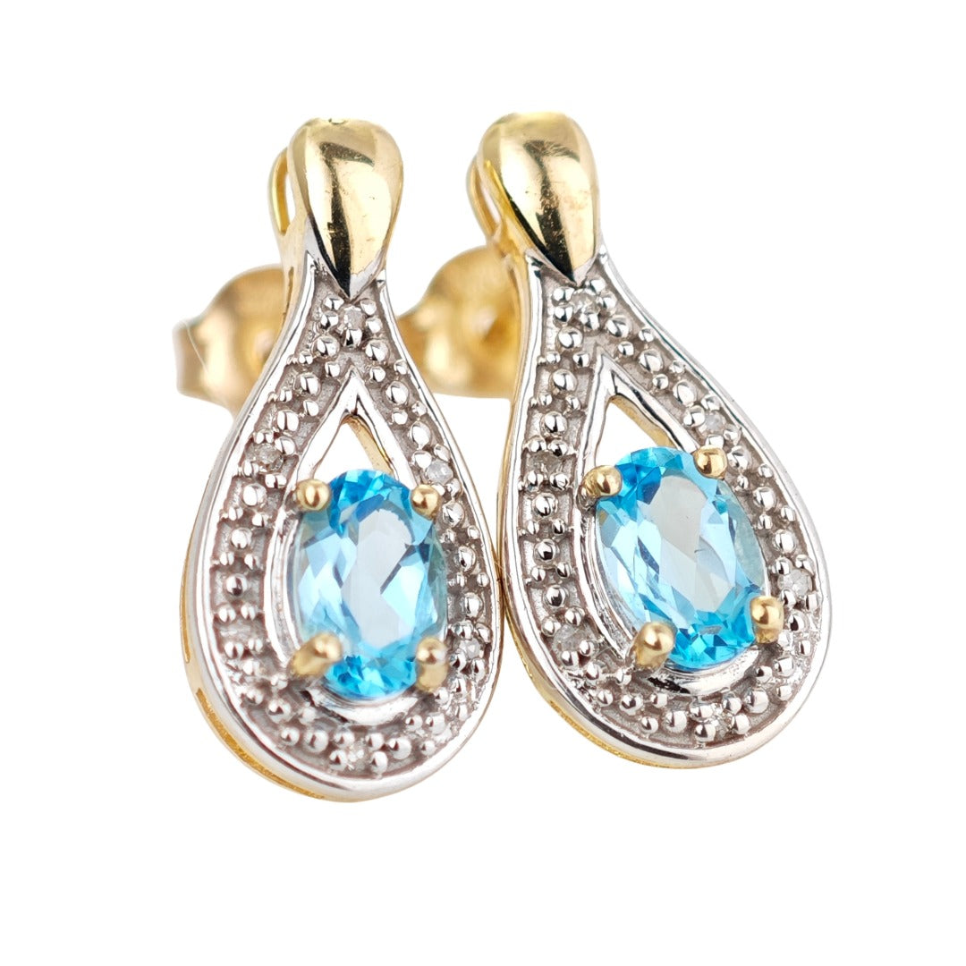 9ct Topaz  Diamond Earrings Gold Studs Natural Swiss Blue Gemstones 0.94ct