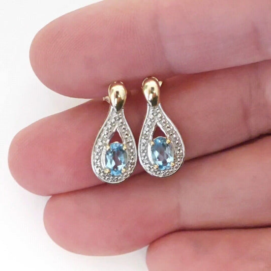 9ct Topaz  Diamond Earrings Gold Studs Natural Swiss Blue Gemstones 0.94ct