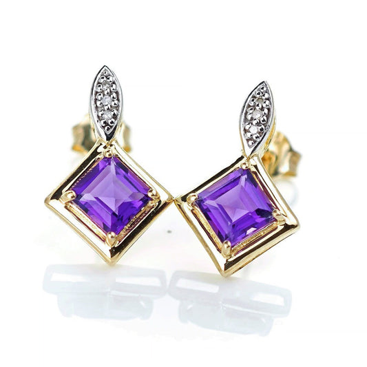 9ct  Amethyst  Diamond Earrings Gold Studs Natural Gemstones 1.21ct