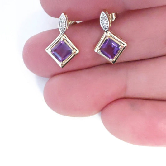 9ct  Amethyst  Diamond Earrings Gold Studs Natural Gemstones 1.21ct