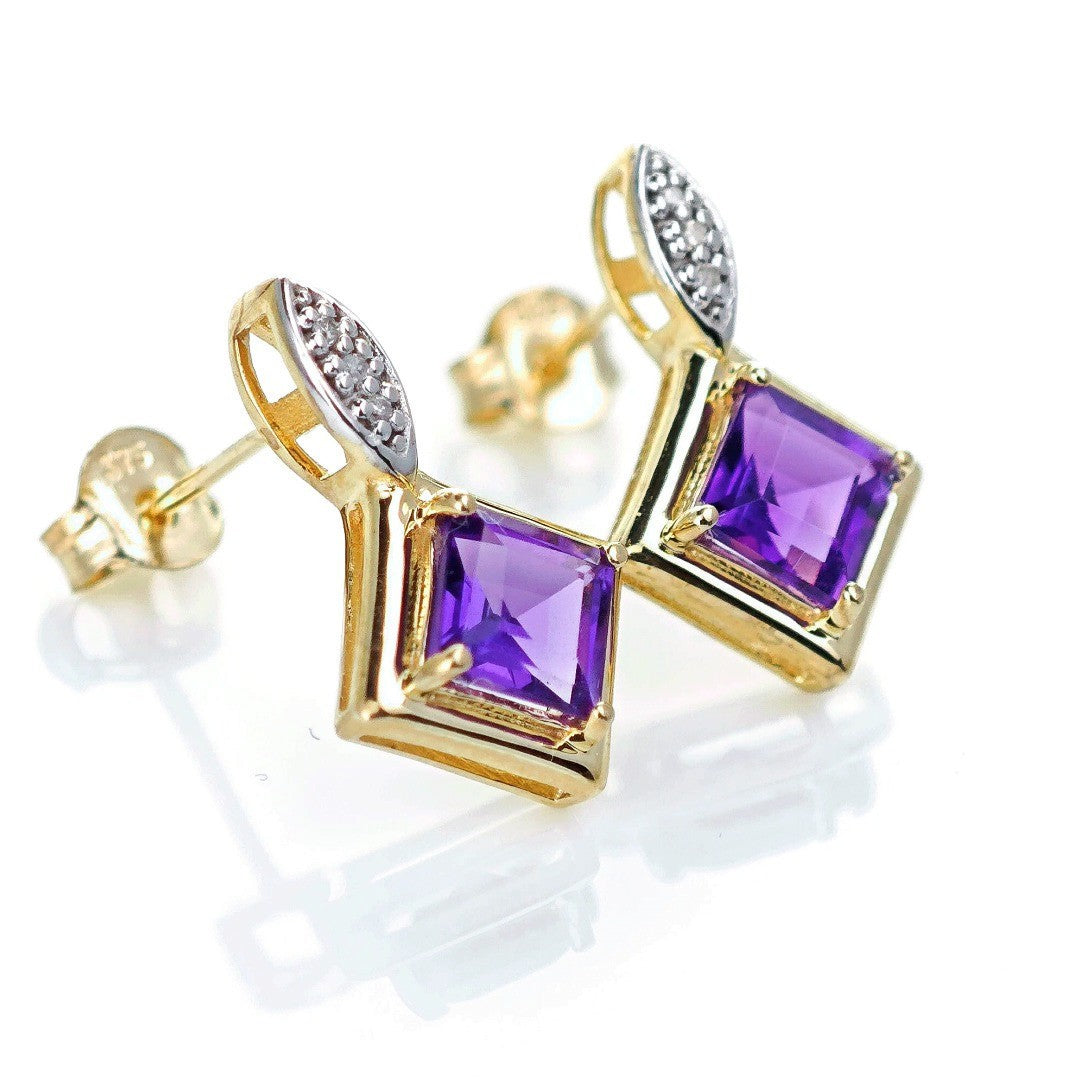 9ct  Amethyst  Diamond Earrings Gold Studs Natural Gemstones 1.21ct