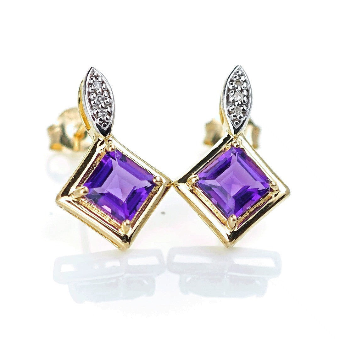 9ct  Amethyst  Diamond Earrings Gold Studs Natural Gemstones 1.21ct