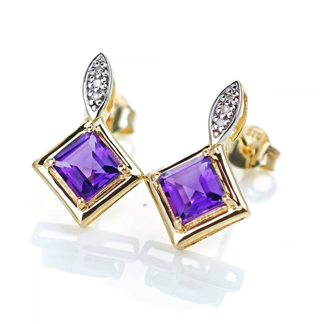 9ct  Amethyst  Diamond Earrings Gold Studs Natural Gemstones 1.21ct