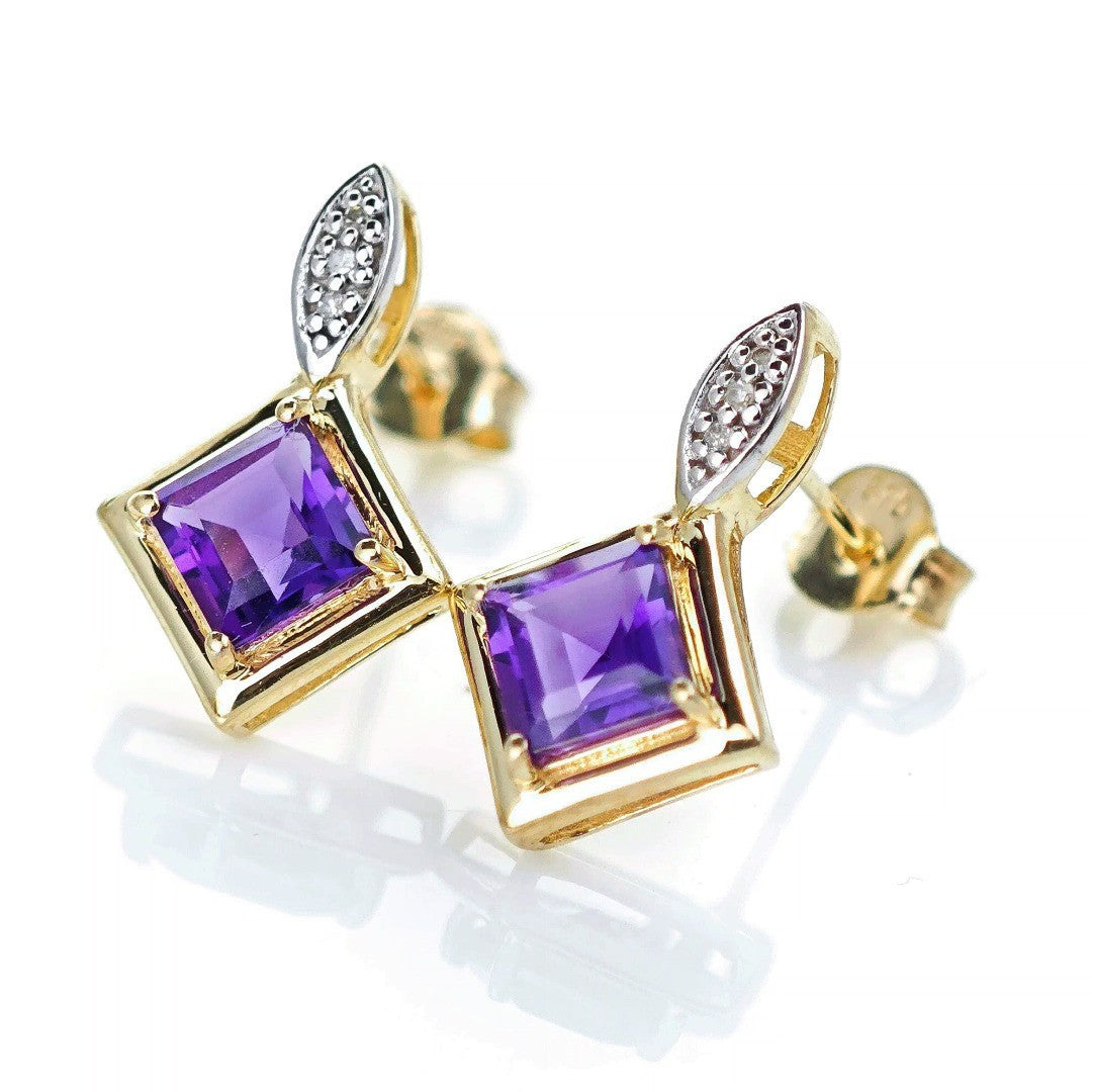 9ct  Amethyst  Diamond Earrings Gold Studs Natural Gemstones 1.21ct