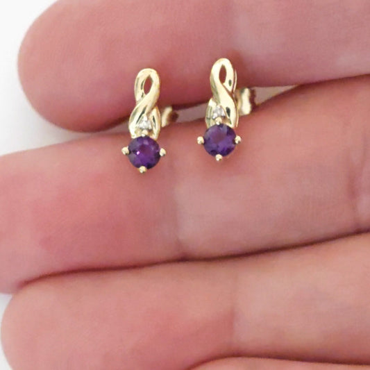 9ct Amethyst Diamond Earrings Gold Studs Natural Gemstones 0.80ct
