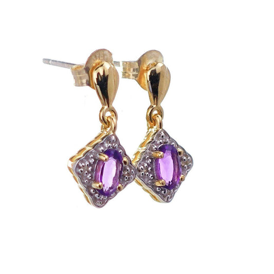 9ct  Amethyst Diamond Dangle Earrings Gold Studs Natural Purple Gemstones 0.40ct