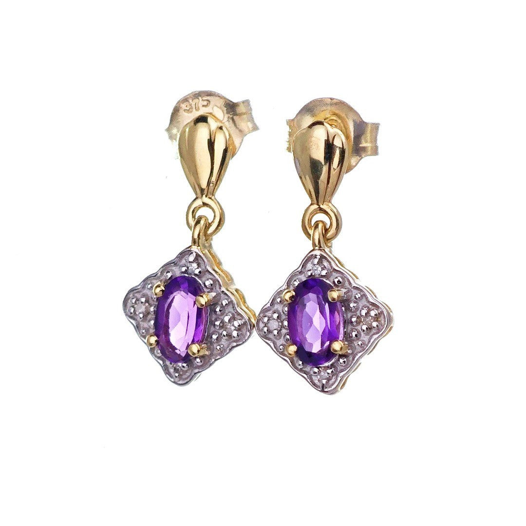 9ct  Amethyst Diamond Dangle Earrings Gold Studs Natural Purple Gemstones 0.40ct