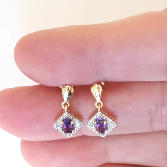 9ct  Amethyst Diamond Dangle Earrings Gold Studs Natural Purple Gemstones 0.40ct