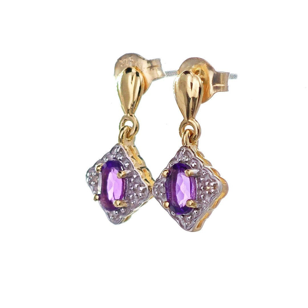 9ct  Amethyst Diamond Dangle Earrings Gold Studs Natural Purple Gemstones 0.40ct