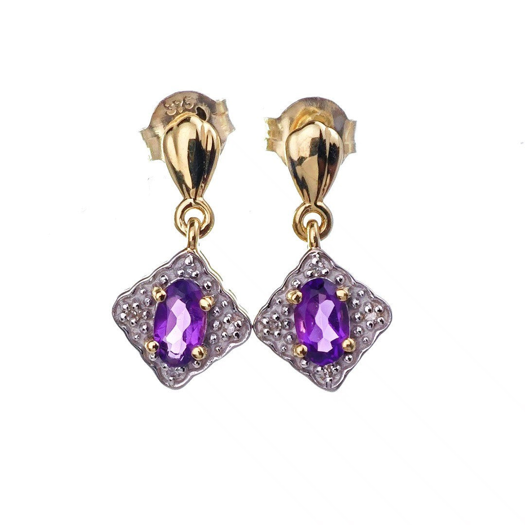 9ct  Amethyst Diamond Dangle Earrings Gold Studs Natural Purple Gemstones 0.40ct