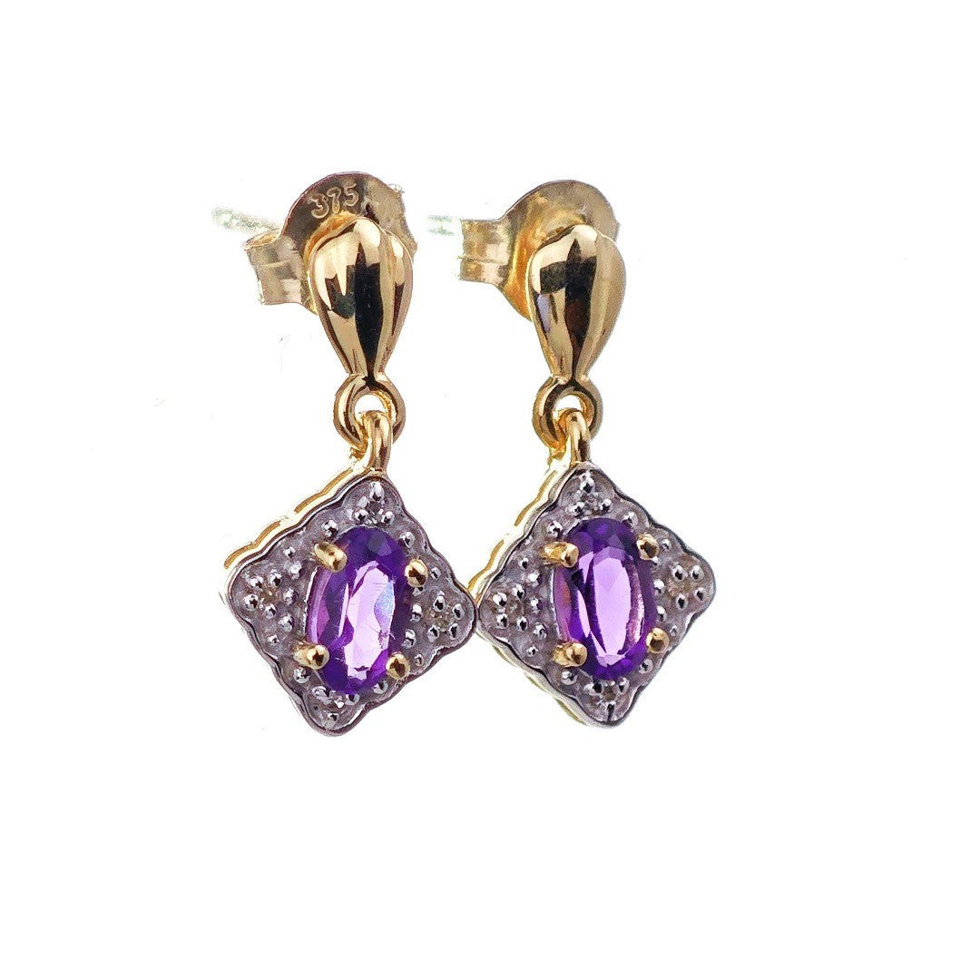 9ct  Amethyst Diamond Dangle Earrings Gold Studs Natural Purple Gemstones 0.40ct