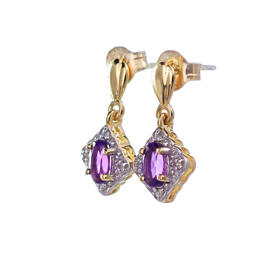 9ct  Amethyst Diamond Dangle Earrings Gold Studs Natural Purple Gemstones 0.40ct