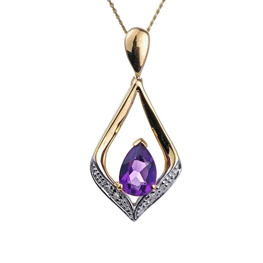 9ct amethyst necklace yellow gold 0.59ct purple pear natural gemstone designed in the UK