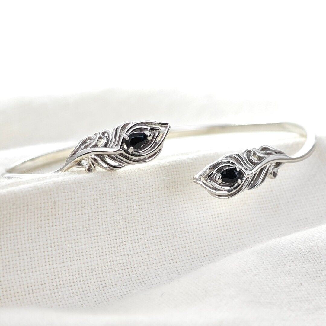 Sapphire Peacock Feather Bangle in Sterling Silver