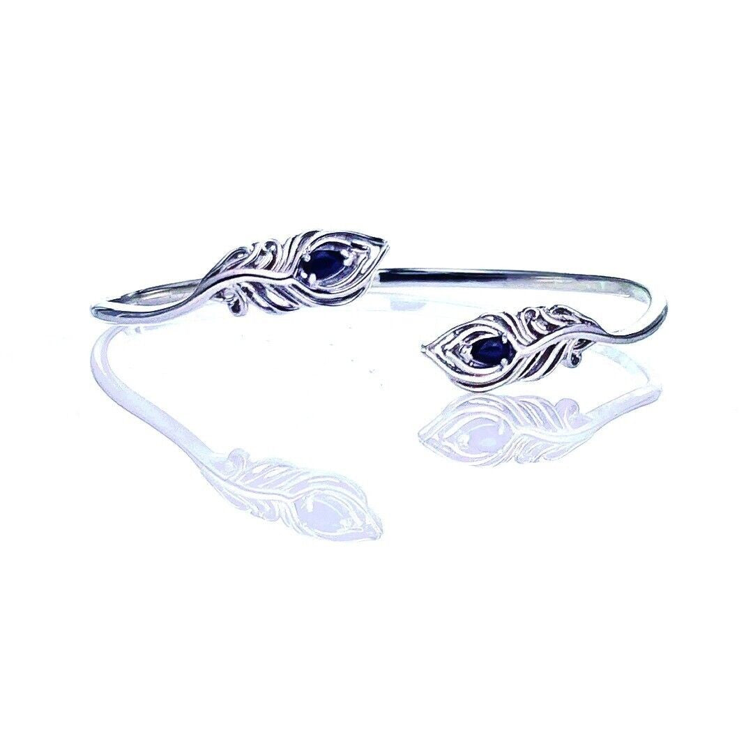 sapphire bangle cuff sterling silver peacock feather natural gemstones hallmarked designed in the UK