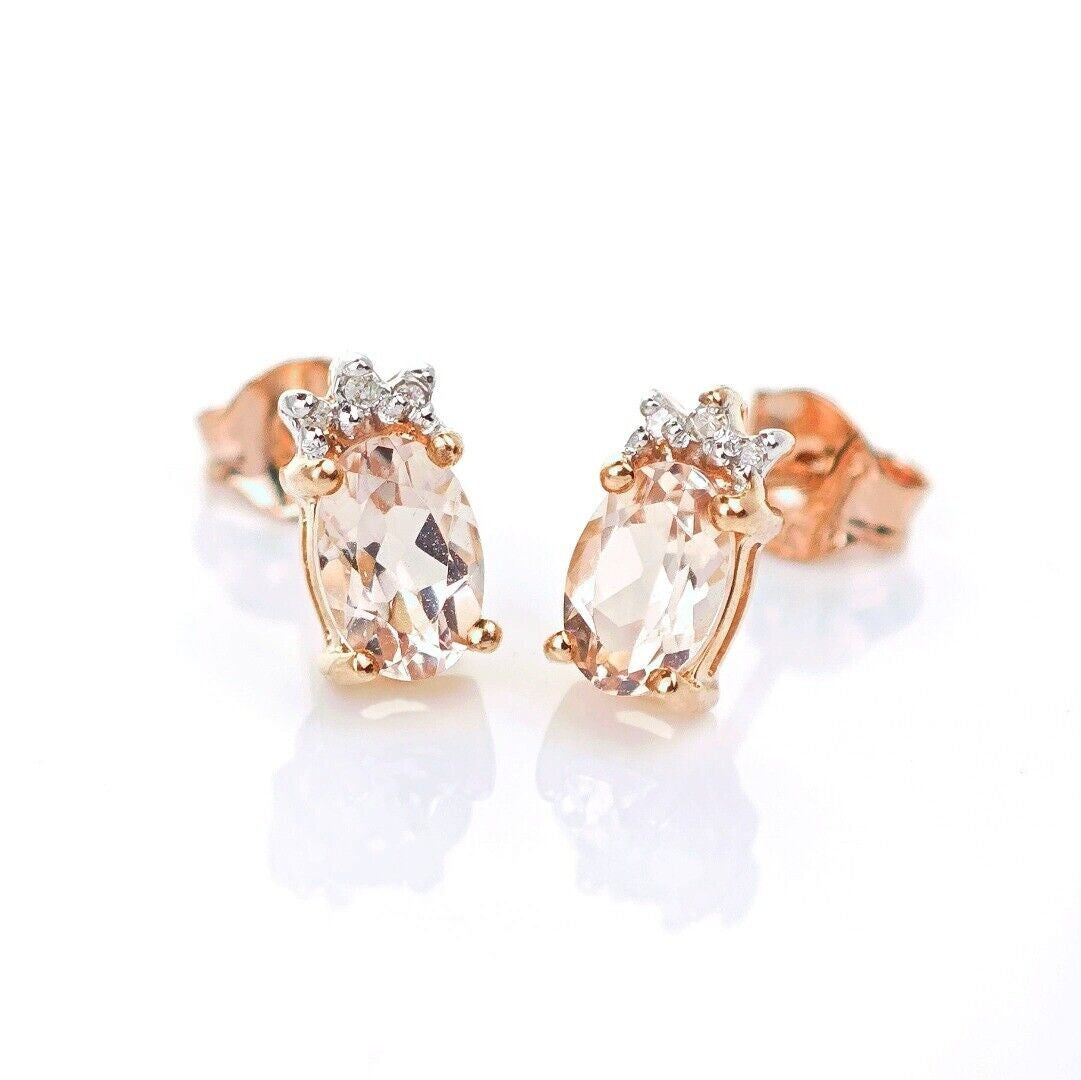 9ct Morganite Diamond  Earrings Studs Rose Gold Pink  0.82 ct  Natural Gemstone