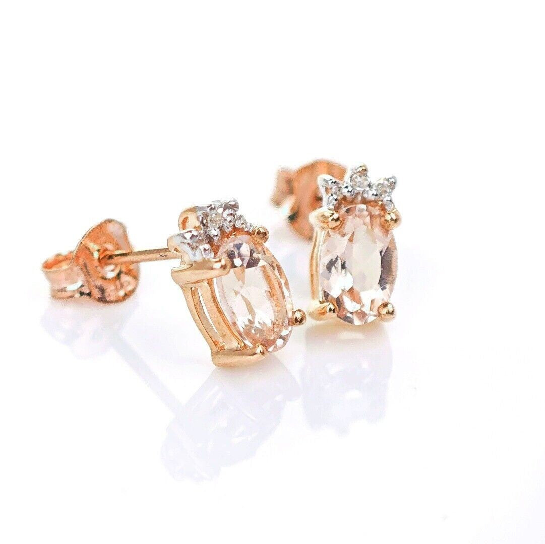 9ct Morganite Diamond  Earrings Studs Rose Gold Pink  0.82 ct  Natural Gemstone