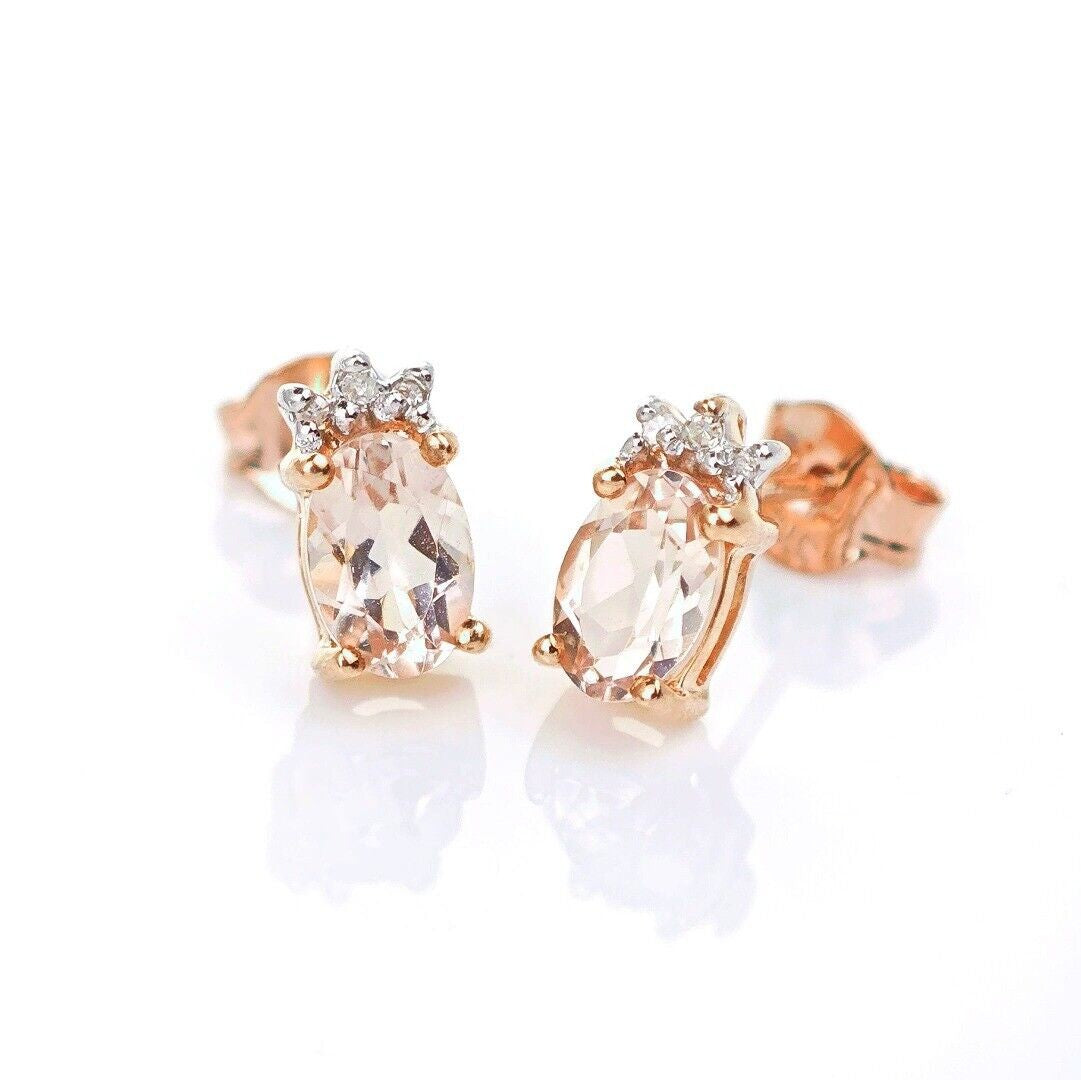 9ct Morganite Diamond  Earrings Studs Rose Gold Pink  0.82 ct  Natural Gemstone