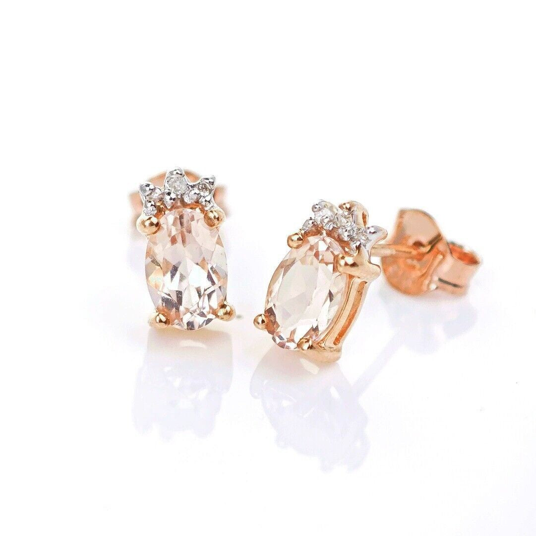 9ct Morganite Diamond  Earrings Studs Rose Gold Pink  0.82 ct  Natural Gemstone