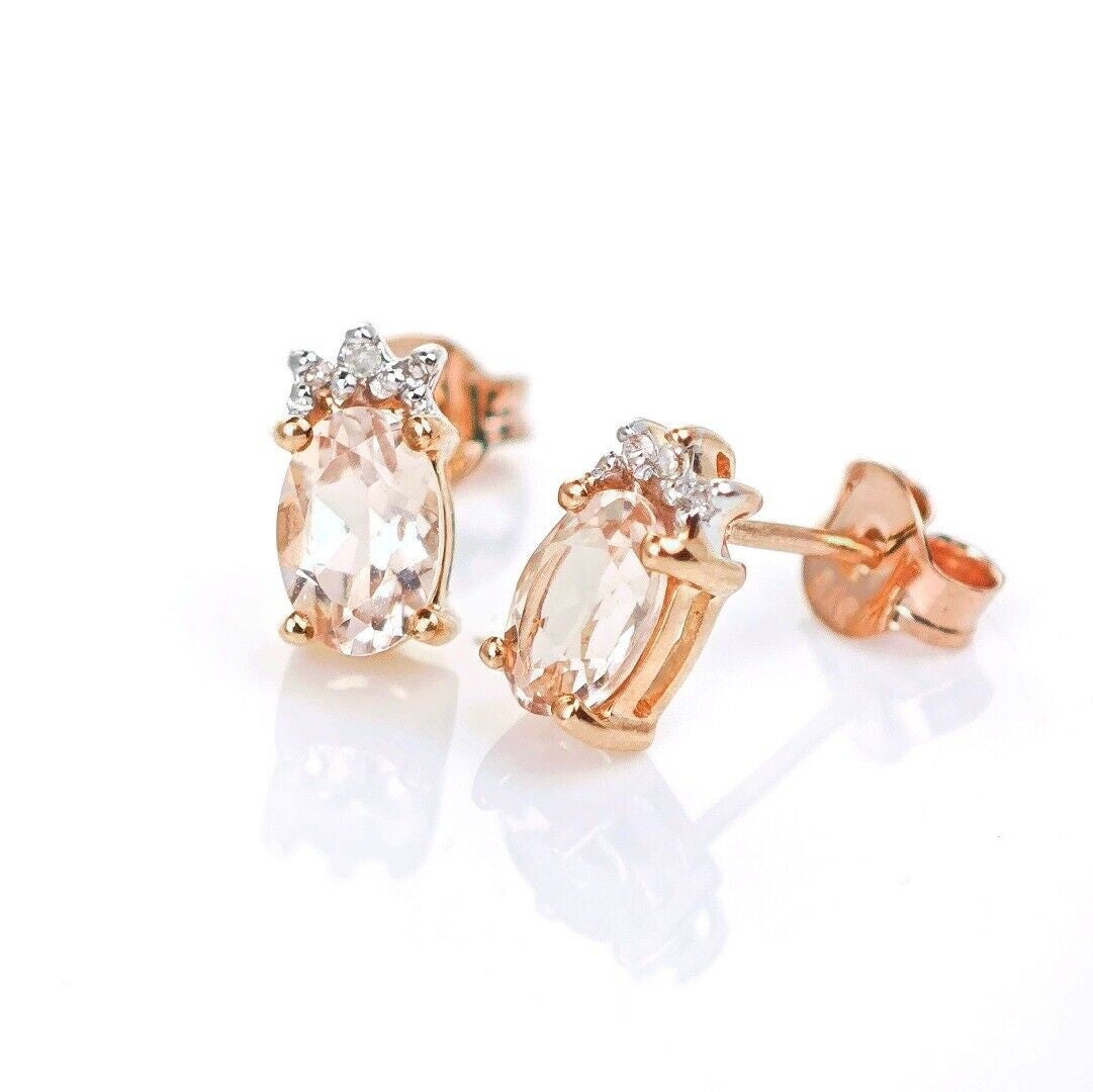 9ct Morganite Diamond  Earrings Studs Rose Gold Pink  0.82 ct  Natural Gemstone