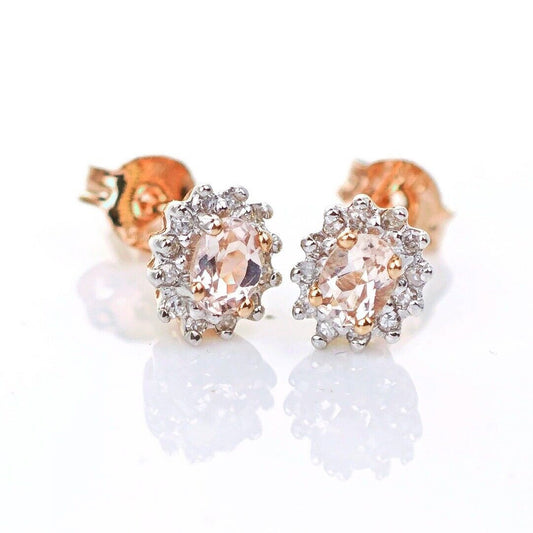 9ct Morganite Diamond  Earrings Studs Rose Gold Pink  0.3 ct  Natural Gemstonee
